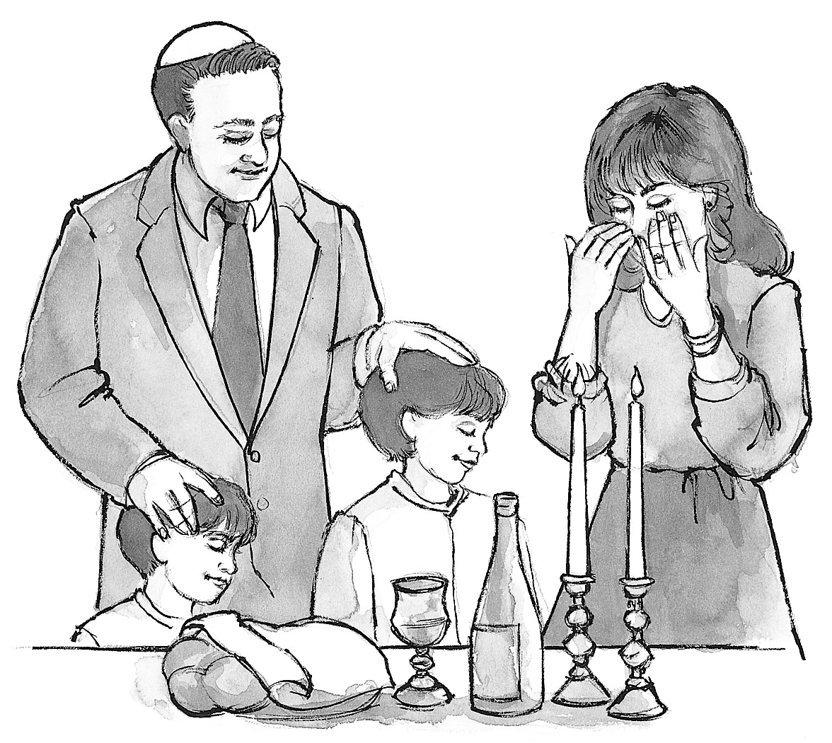 Figure 10-4: A family welcoming Shabbat with candles, wine, and two loaves of challah. The father puts his hands on the children’s heads while blessing them, and the mother covers her eyes.